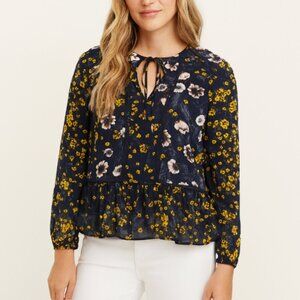 NWT Xhilaration Women's Navy Blue Floral Long Sleeve Blouse with Keyhole size XL